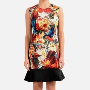 Just Cavalli Vibrant Floral Print Mini Dress Size 8 Black Multi-Color Birds